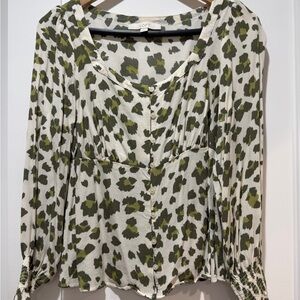 LOFT Olive and Cream Leopard Patterned Blouse